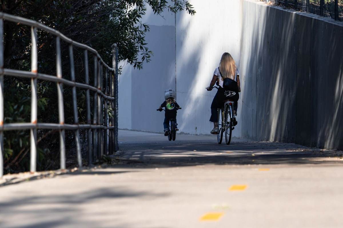 Enfant et adulte en vélo sur un pont piétonnier avec railing et végétation