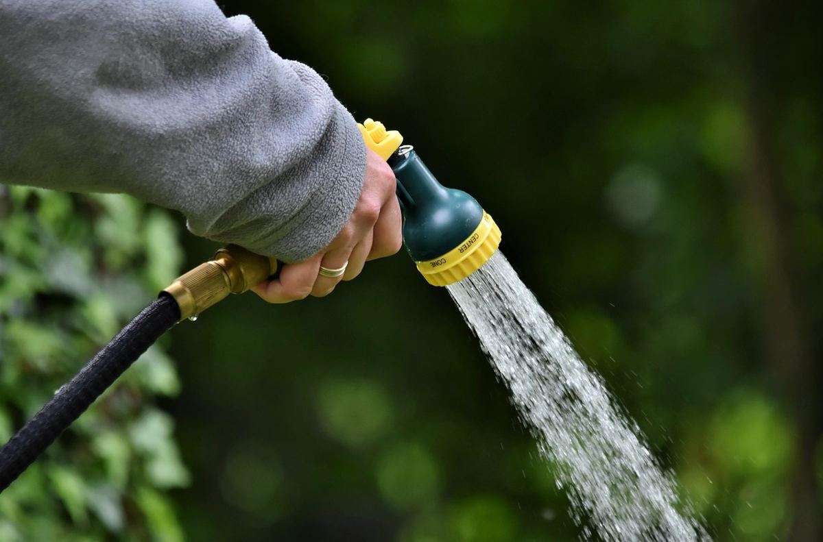 Une main tient un pulvérisateur d'eau qui arrose des plantes vertes Une main tient un pulvérisateur d'eau qui arrose des plantes vertes