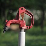 Un robinet rouge fixé à un poteau blanc dans un parc verdoyant