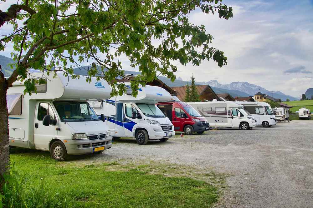 Plusieurs motorhomes blancs et colorés garés sous un arbre Plusieurs motorhomes blancs et colorés garés sous un arbre